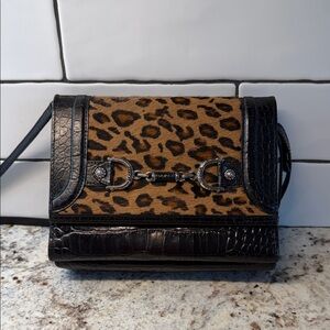 Leopard Print Crossbody Bag with Black Croc Trim
